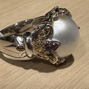 Exquisite Large Pearl Statement Ring, Size 10, Sterling Silver / Palladium Alloy